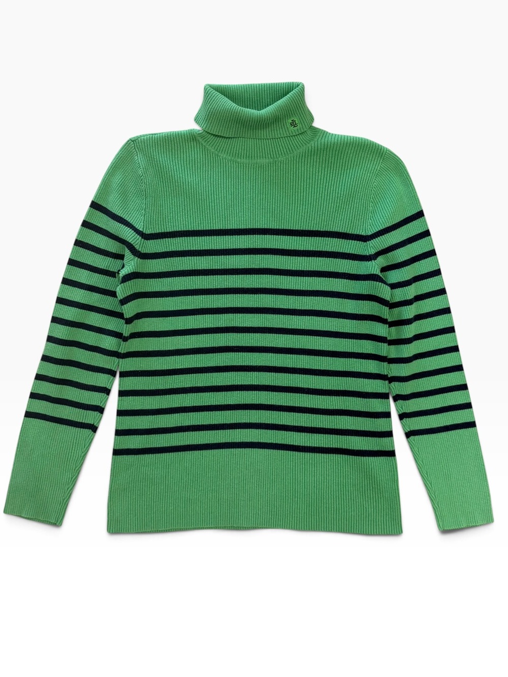 Lauren Ralph Lauren Green Striped Ribbed Turtleneck Sweater M